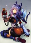  ass breasts chikokuma erect_nipples gloves large_breasts legs mecha_musume mechanical_wings original purple_eyes purple_hair sitting solo tail thighhighs thighs v violet_eyes wariza wings 