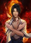  black_hair brown_eyes fire flower heterochromia male naruto ninja realistic red rope roses short_hair solo sword tattoos teeth uchiha_sasuke yangfan yellow_eyes 