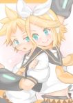  arm_grab blonde_hair blush brother_and_sister detached_sleeves hair_ornament hair_ribbon hairclip headphones kagamine_len kagamine_rin mamepon necktie ribbon sailor_collar short_hair siblings smile twins vocaloid 