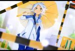  blue_eyes blurry depth_of_field fubuki_shirou hinata123 inazuma_eleven jacket railroad_crossing sign smile stop_sign umbrella white_hair 