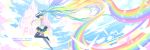  belt bird castle closed_eyes cloud clouds detached_sleeves feather hatsune_miku headphones highres long_hair multicolored_hair musical_note myhilary necktie open_mouth rainbow rainbow_hair singing skirt sky tattoo thigh_boots thighhighs treble_clef twintails very_long_hair vocaloid watermark 
