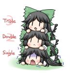  :&lt; aonagi_ibane black_hair blush bow cape chibi drooling english hair_bow human_stack human_tower long_hair multiple_girls multiple_persona number numbers open_mouth red_eyes reiuji_utsuho saliva stacking touhou trembling turn_pale wings |_| 