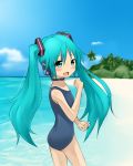 beach chiroru_(7450n) green_eyes green_hair hatsune_miku headphones headset long_hair looking_back microphone one-piece_swimsuit school_swimsuit swimsuit twintails vocaloid 