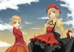  aki_minoriko aki_shizuha blonde_hair curtsey food fruit grapes hat leaf multiple_girls nabeshima_tetsuhiro orange_eyes red_eyes short_hair siblings sisters skirt skirt_lift sky smile touhou 