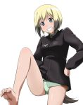  barefoot blonde_hair blue_eyes blush erica_hartmann feet flat_chest from_below green_panties grin hands_on_hip hands_on_hips leg_lift leg_raise looking_down military multicolored_hair panties short_hair smile solo strike_witches tail underwear uniform youkan 