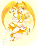  blonde_hair blush boots cure_sunshine flower hair_ribbon heart heartcatch_precure! highres instrument long_hair magical_girl midriff myoudouin_itsuki navel neko-san_(artist) neko-san_(dim.dream) orange_dress potpourri_(heartcatch_precure!) potpourri_(precure) precure ribbon shiny_tambourine skirt tambourine twintails very_long_hair weapon wink wrist_cuffs yellow yellow_background yellow_eyes 