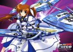  blue_eyes breasts brown_hair cleavage fingerless_gloves fortress_(nanoha) gloves highres long_hair mahou_senki_lyrical_nanoha_force mahou_shoujo_lyrical_nanoha mahou_shoujo_lyrical_nanoha_force nyantype official_art ponytail purple_eyes raising_heart solo strike_cannon takamachi_nanoha very_long_hair 