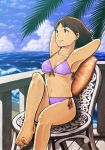  barefoot beach bikini brown_eyes brown_hair chair chaki_(chakirakutaro) palm_tree short_hair sitting swimsuit tree 