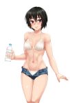  1girl amagami bare_shoulders bikini black_eyes black_hair blush bottle breasts breasts_apart collarbone gluteal_fold hair_between_eyes holding holding_bottle looking_at_viewer medium_breasts micro_shorts nanasaki_ai navel short_hair short_shorts shorts simple_background smile solo stomach swimsuit thigh_gap toned twrlare unbuttoned water_bottle white_background white_bikini 