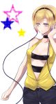  bare_shoulders blue_eyes bob_cut cable choker gym_leader halterneck headphones highres jeans kamitsure_(pokemon) kanaranshi nail_polish pantyhose pokemon pokemon_(game) pokemon_black_and_white pokemon_bw short_hair simple_background skin_tight solo stars vest 