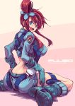  ass blue_eyes breasts fukai_ryosuke fukai_ryousuke fuuro_(pokemon) gloves gym_leader highres large_breasts long_hair looking_back open_mouth pokemon pokemon_(game) pokemon_black_and_white pokemon_bw red_hair redhead sitting smile wariza 