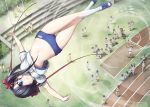  black_hair blue_eyes breasts buruma crossed_legs_(standing) from_above gym_uniform hair_ribbon high_jump highres jumping legs lena_(zoal) lowleg midair midriff navel original outstretched_arms ribbon school_uniform socks solo spread_arms thigh_gap track track_and_field twintails 