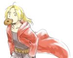  ahoge blonde_hair eating edward_elric food fullmetal_alchemist gloves hand_in_pocket male mouth_hold solo teeth yellow_eyes 