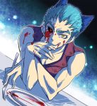  :q animal_ears blood blue_hair face fork glowing glowing_eyes hands male red_eyes shiki short_hair smile solo tatsumi tatsumi_(shiki) tongue vest wolf_ears yellow_eyes 