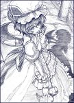  bow cup finger_licking finger_to_mouth hat highres licking looking_up monochrome remilia_scarlet ribbon sakino_shingetsu short_hair smile solo tongue touhou traditional_media wine_glass wings 