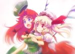  beret blonde_hair blue_eyes blurry braid china_dress chinese_clothes fang flandre_scarlet hat hat_removed headwear_removed hong_meiling hug hug_from_behind ikmg long_hair multiple_girls open_mouth ponytail red_eyes red_hair redhead short_hair side_ponytail smile surprised touhou twin_braids wavy_mouth wings 