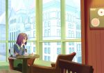  brown_hair cake chair chin_rest dress food glasses highres long_hair matsumoto_ryou original pantyhose restaurant sitting solo table window 