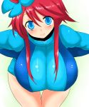  blue_eyes blush breasts fuuro_(pokemon) gym_leader hair_ornament han_(jackpot) large_breasts leaning_forward pokemon pokemon_(game) pokemon_black_and_white redhead shorts 