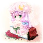  book bouquet bow chibi crescent crescent_moon flower green_eyes hair_bow hat long_hair minigirl patchouli_knowledge petals purple_hair red_rose rose sitting smile solo touhou tsukasaki_aoi veil 