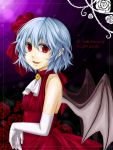  bat_wings blue_hair dress elbow_gloves fang flower gloves highres kuronohana pointy_ears red_eyes red_rose remilia_scarlet rose short_hair solo touhou wings 