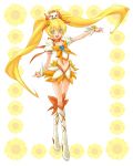  artist_request blonde_hair boots colored crossed_legs_(standing) cure_sunshine dorago floral_background hair_ribbon heart heartcatch_precure! highres long_hair magical_girl midriff myoudouin_itsuki navel orange_(color) orange_dress potpourri_(heartcatch_precure!) potpourri_(precure) precure ribbon skirt twintails white_background wrist_cuffs y_(shineaqua) yellow_eyes 