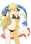  1girl bikini blonde_hair borupikka breasts cleavage hair_over_one_eye highres long_hair milotic pokemon pokemon_(creature) pokemon_(game) pokemon_dppt shirona_(pokemon) stretch swimsuit yellow_eyes 