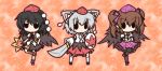  animal_ears chibi crossed_arms fan fushigi_ebi geta hat highres himekaidou_hatate inubashiri_momiji shameimaru_aya standing_on_one_leg tengu-geta tokin_hat touhou wings wolf_ears 