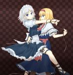  alice_margatroid artist_request blonde_hair blue_eyes boots bound_wrists braid capelet checkered checkered_background cross-laced_footwear hair_ribbon hairband high_heels izayoi_sakuya lace-up_boots maid maid_headdress multiple_girls ribbon shichika_(artist) shoes short_hair silver_hair skirt touhou twin_braids 