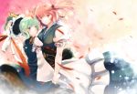  atoki blush green_eyes green_hair hair_bobbles hair_ornament hands hat hat_removed headwear_removed height_difference holding_hands multiple_girls onozuka_komachi payot petals red_eyes red_hair shikieiki_yamaxanadu short_hair smile touhou twintails 