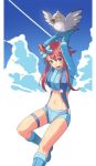  breasts fuuro_(pokemon) gloves gym_leader hair_ornament highres large_breasts midriff mismi pidove pokemon pokemon_(game) pokemon_black_and_white pokemon_bw red_hair redhead shorts solo suspenders 