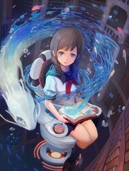  bookshelf braid brown_hair dragon fantasy fish library nigoro original school_uniform serafuku sitting solo twin_braids water 