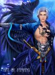  angel armored black_wing blue blue_dress blue_eyes chain flower male mountain original rain realistic solo sword tree trees white_hair wings yangfan 