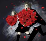  blonde_hair bouquet brown_hair flower formal isaac_dian male miria_harvent petals red_rose rose rose_petals running smile spot_color suit 