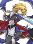  blazblue blonde_hair blood cuts green_eyes injury jin_kisaragi male solo sword uzukinoko weapon white_background 