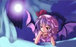  artist_request bat_wings blue_hair chin_rest curtains full_moon hat hat_ribbon moon night red_eyes remilia_scarlet ribbon short_hair smile solo touhou window wings wrist_cuffs 