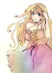  blonde_hair blue_eyes blush breasts cleavage dress hairband hand_in_hair large_breasts long_hair macross macross_frontier sheryl_nome smile solo woofin 