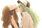  1girl arm_grab bare_shoulders baseball_cap brown_hair closed_eyes couple forehead_kiss green_hair hat jewelry kina_(milele) kiss long_hair n_(pokemon) necklace pokemon pokemon_(game) pokemon_black_and_white pokemon_bw ponytail simple_background sleeveless touko_(pokemon) turtleneck vest 