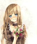  blonde_hair blood blue_eyes blush dress empty_eyes flower hinazawa_kirie long_hair red_rose rose sad solo tears umineko_no_naku_koro_ni 