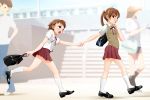  blush brother_and_sister brown_eyes brown_hair commentary crossdressinging green_eyes hair_bobbles hair_ornament holding_hands looking_back male open_mouth original red_eyes school_uniform short_hair shota siblings skirt trap twintails walking yuki18r 