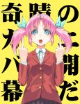  blue_eyes bow dual_wielding face hair_bow hands middle_finger original pink_hair school_uniform solo tarou twintails 