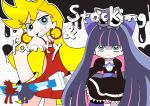  anmitsumame bad_id blonde_hair blue_eyes dress earrings honekoneko_(psg) jewelry long_hair multicolored_hair multiple_girls official_style panty_&amp;_stocking_with_garterbelt panty_(character) panty_(psg) purple_hair single_thighhigh stocking_(character) stocking_(psg) striped striped_legwear striped_thighhighs stuffed_animal stuffed_toy sword thigh-highs thighhighs two-tone_hair weapon 