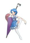  blue_hair borisx heterochromia highres karakasa karakasa_obake red_eyes short_hair solo tatara_kogasa thigh-highs thighhighs tongue touhou umbrella white_legwear white_thighhighs zettai_ryouiki 