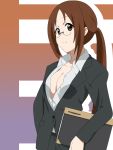  breasts brown_eyes brown_hair business_suit cleavage face folder formal glasses ikari_manatsu k-on! long_hair no_bra ponytail smile solo suit yamanaka_sawako 