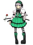  blue_eyes bob_cut boots bowtie flower frilled_skirt frills hairband headband highres konpaku_youmu lolita_fashion lolita_headband platform_footwear red_rose rose serious short_hair silver_hair simple_background solo standing striped striped_legwear sword thighhighs touhou weapon yu_65026 