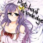  bespectacled blue_eyes bow breast_hold breasts bust character_name cleavage crescent crescent_moon glasses hat izumioo large_breasts off_shoulder patchouli_knowledge purple_hair solo touhou 