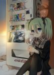  blue_eyes brand_name_imitation breath c.c._lemon can coca-cola coffee durarara!! engrish green_hair hatsune_miku highres lipton mailbox pepsi plaid plaid_scarf pocari_sweat postbox product_placement ranguage sama scarf sitting snow tea thigh-highs thighhighs twintails vending_machine vocaloid 