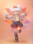  :d adapted_costume boots casual closed_eyes coat contemporary geta happy hat inubashiri_momiji leaf maple_leaf open_mouth outstretched_arms running sankuma short_hair shorts silver_hair smile solo spread_arms tail tengu-geta tokin_hat touhou wolf_tail young 