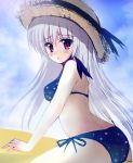  bikini hat long_hair looking_back original polka_dot polka_dot_bikini polka_dot_swimsuit red_eyes rennkuu riding side-tie_bikini silver_hair solo straw_hat swimsuit 