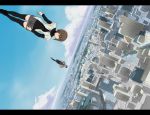  anti-gravity black_thighhighs brown_hair building cityscape cloud clouds dutch_angle floating kumosuke letterboxed running shorts sky skyscraper sweater thigh-highs thighhighs walking zettai_ryouiki 
