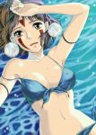  armpits bikini brown_eyes brown_hair earrings emi_(green_wave) facial_mark facial_markings front-tie_top ghibli jewelry mononoke_hime navel open_mouth panties san short_hair side-tie_panties signature solo strap_slip studio_ghibli swimsuit underwear water 